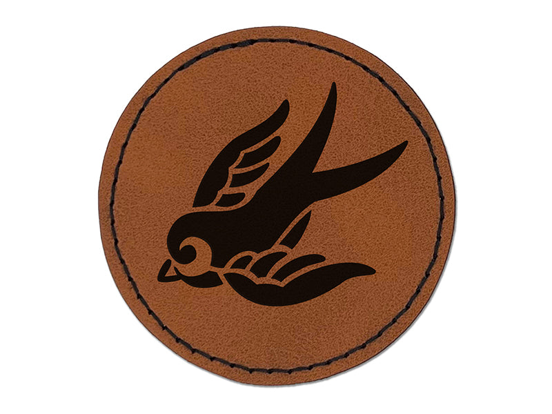 Sweet Flying Swallow Nautical Tattoo Round Iron-On Engraved Faux Leather Patch Applique - 2.5"
