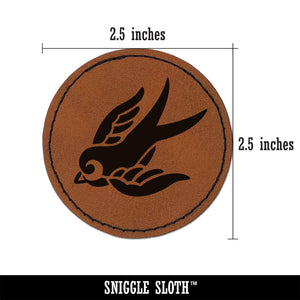 Sweet Flying Swallow Nautical Tattoo Round Iron-On Engraved Faux Leather Patch Applique - 2.5"