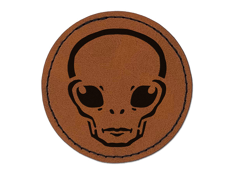 Alien Extraterrestrial UFO Head Round Iron-On Engraved Faux Leather Patch Applique - 2.5"