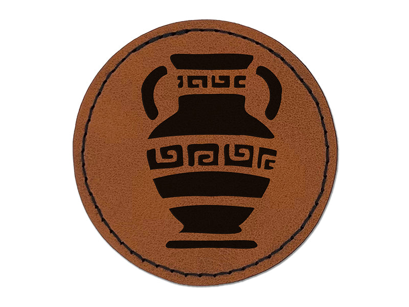 Ancient Greek Pottery Vase Round Iron-On Engraved Faux Leather Patch Applique - 2.5"