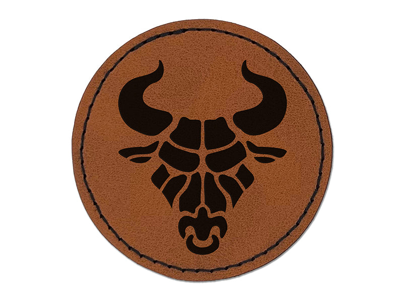 Angry Bull Cow Head with Horns Round Iron-On Engraved Faux Leather Patch Applique - 2.5"