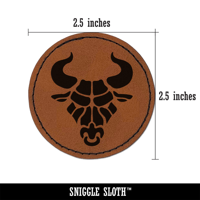 Angry Bull Cow Head with Horns Round Iron-On Engraved Faux Leather Patch Applique - 2.5"