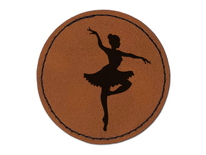 Ballerina Dancer in Tutu On Pointe Round Iron-On Engraved Faux Leather Patch Applique - 2.5"