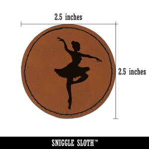 Ballerina Dancer in Tutu On Pointe Round Iron-On Engraved Faux Leather Patch Applique - 2.5"