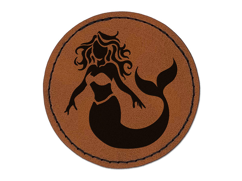 Beautiful Mythological Mermaid Round Iron-On Engraved Faux Leather Patch Applique - 2.5"