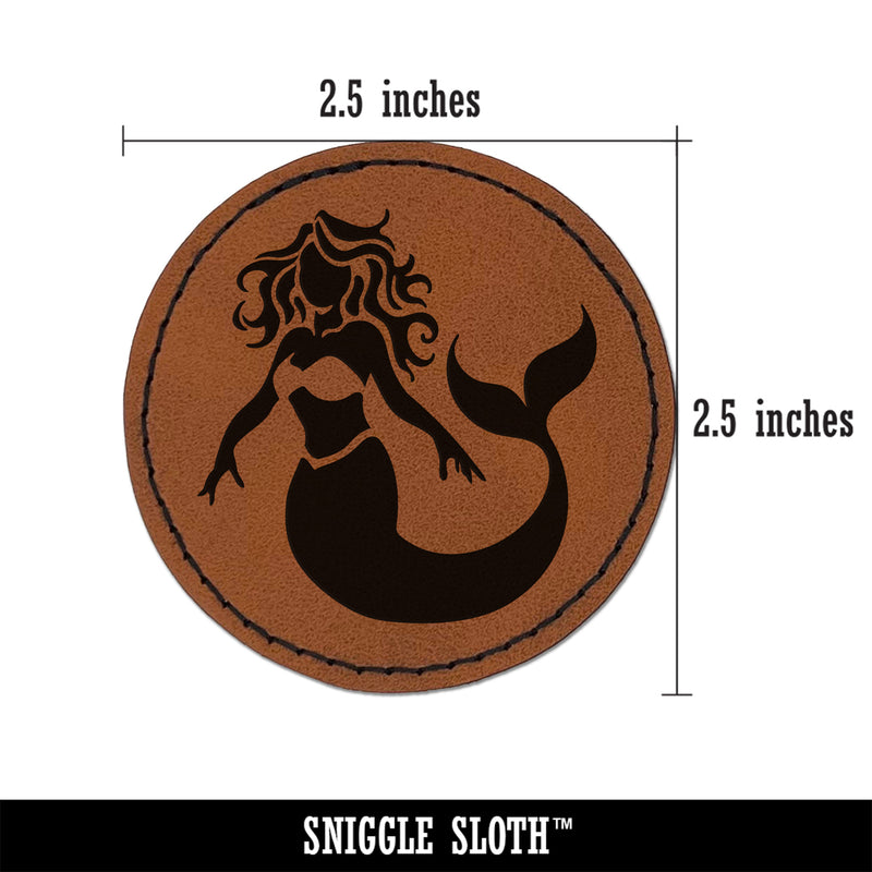 Beautiful Mythological Mermaid Round Iron-On Engraved Faux Leather Patch Applique - 2.5"