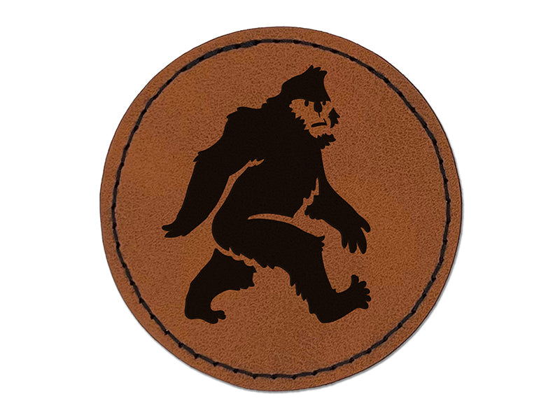 Bigfoot Sasquatch Mythical Creature Cryptid Walking Round Iron-On Engraved Faux Leather Patch Applique - 2.5"