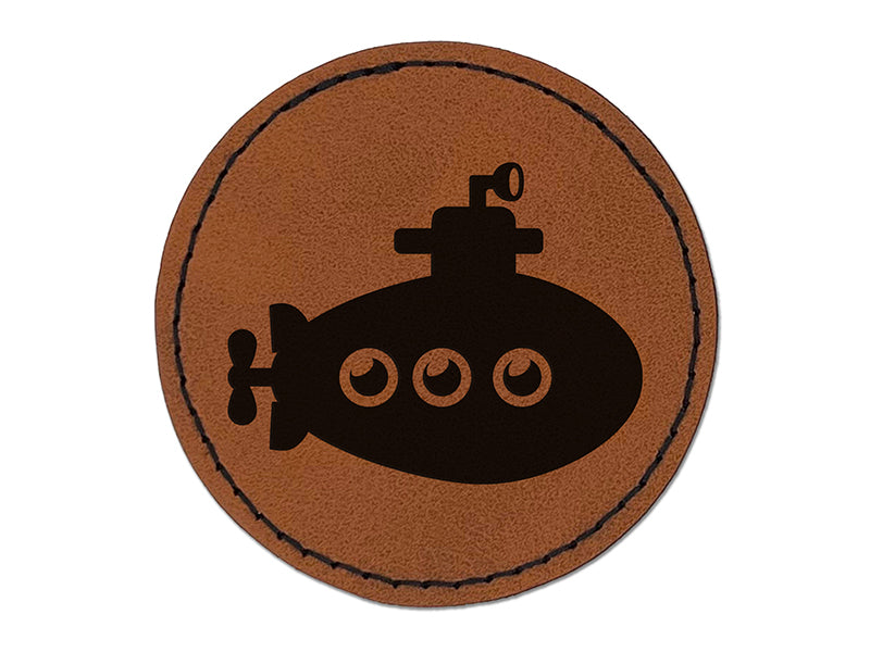 Submarine Boat Aquatic Underwater Vehicle Periscope Propeller Round Iron-On Engraved Faux Leather Patch Applique - 2.5"