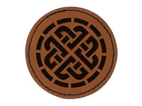 Celtic Shield Knot Ward Symbol of Protection Round Iron-On Engraved Faux Leather Patch Applique - 2.5"