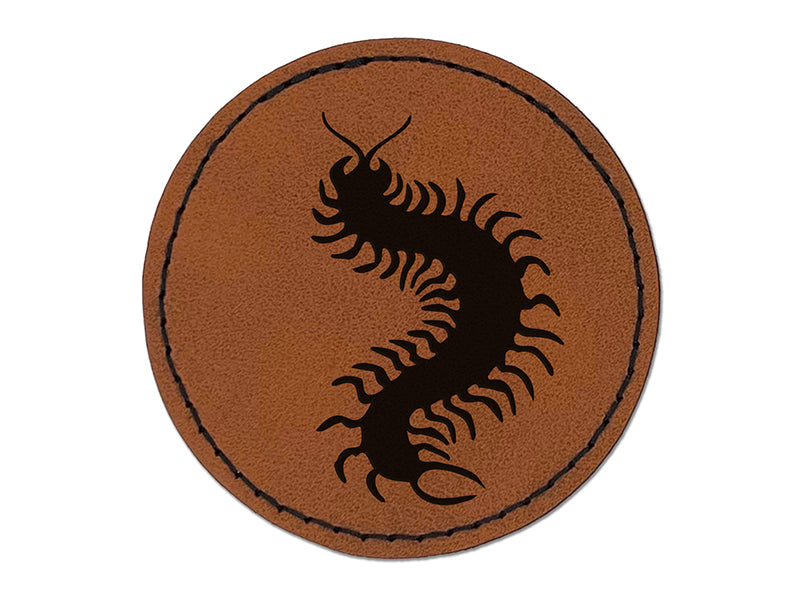 Creepy Crawley Centipede Bug Round Iron-On Engraved Faux Leather Patch Applique - 2.5"