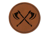 Crossed Viking Battle Axes Weapons Round Iron-On Engraved Faux Leather Patch Applique - 2.5"