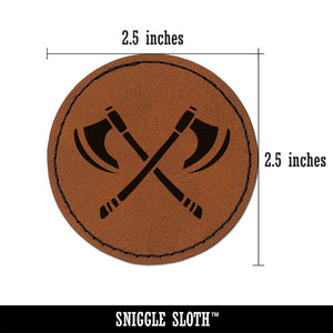 Crossed Viking Battle Axes Weapons Round Iron-On Engraved Faux Leather Patch Applique - 2.5"