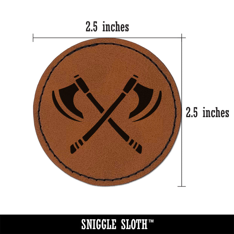 Crossed Viking Battle Axes Weapons Round Iron-On Engraved Faux Leather Patch Applique - 2.5"