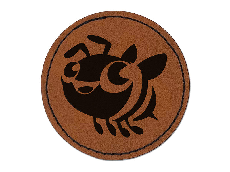 Cute Cartoon Honey Bee Bumblebee Round Iron-On Engraved Faux Leather Patch Applique - 2.5"