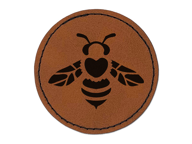Cute Honey Bumblebee with Heart on Back Round Iron-On Engraved Faux Leather Patch Applique - 2.5"
