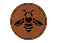 Cute Honey Bumblebee with Heart on Back Round Iron-On Engraved Faux Leather Patch Applique - 2.5"