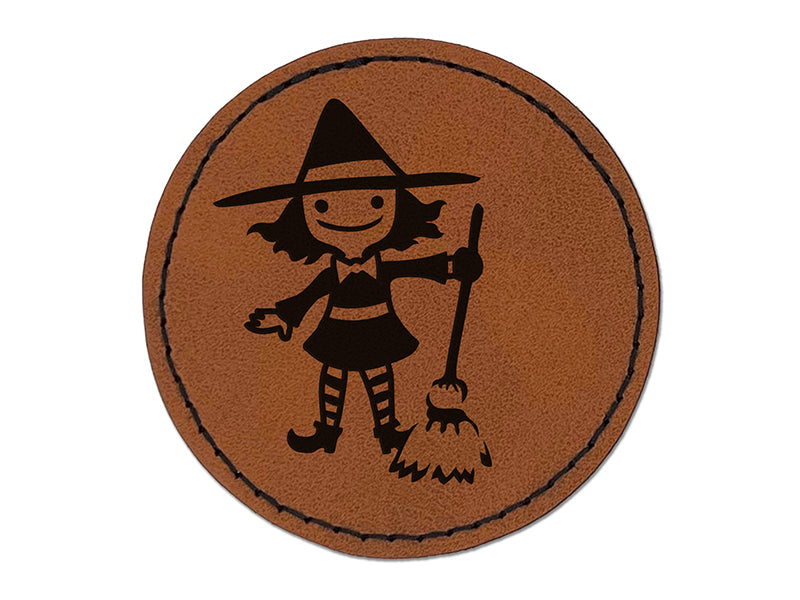 Cute Young Halloween Witch with Broom and Hat Round Iron-On Engraved Faux Leather Patch Applique - 2.5"