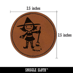Cute Young Halloween Witch with Broom and Hat Round Iron-On Engraved Faux Leather Patch Applique - 2.5"