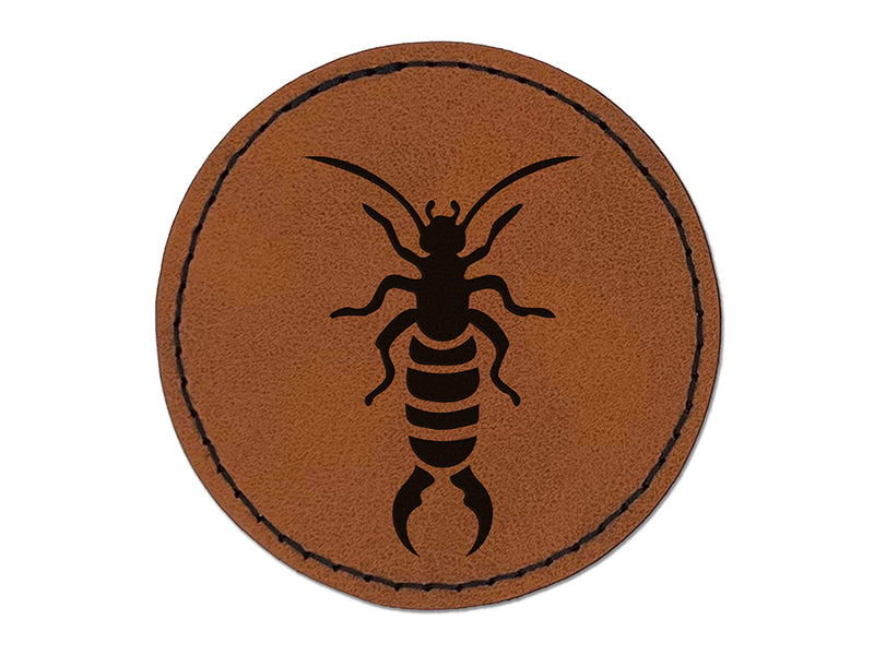 Earwig Insect Bug with Pincer Tail Round Iron-On Engraved Faux Leather Patch Applique - 2.5"