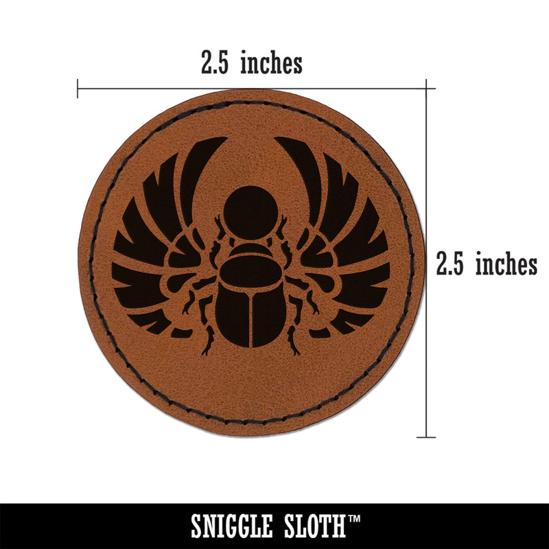 Egyptian Winged Scarab Beetle Pharaoh Mummy Amulet Insect Bug Round Iron-On Engraved Faux Leather Patch Applique - 2.5"