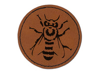 European Honey Bee Insect Beekeeping Round Iron-On Engraved Faux Leather Patch Applique - 2.5"