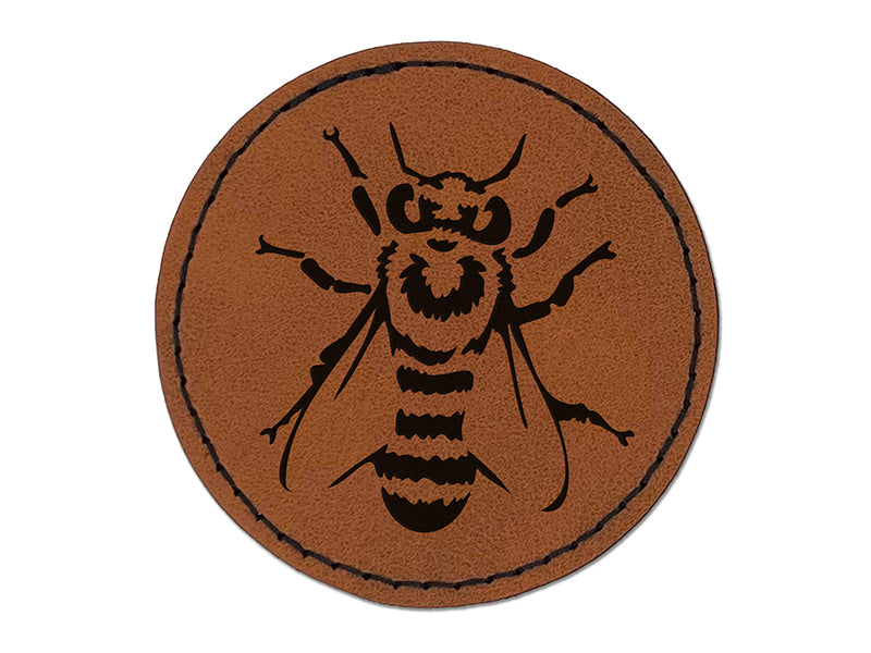 European Honey Bee Insect Beekeeping Round Iron-On Engraved Faux Leather Patch Applique - 2.5"