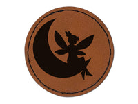 Fairy With Butterfly Wings Sitting on Moon Fantasy Round Iron-On Engraved Faux Leather Patch Applique - 2.5"