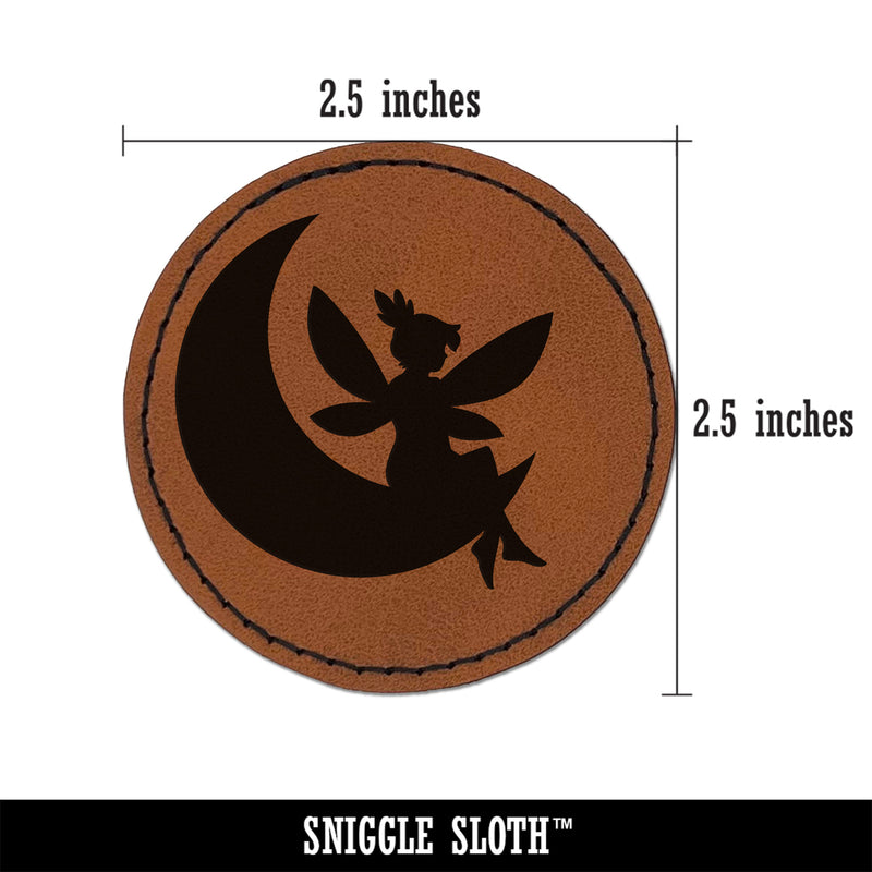Fairy With Butterfly Wings Sitting on Moon Fantasy Round Iron-On Engraved Faux Leather Patch Applique - 2.5"