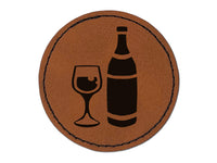 Fancy Wine Bottle and Glass Round Iron-On Engraved Faux Leather Patch Applique - 2.5"