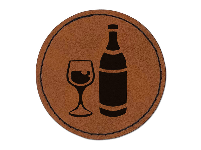 Fancy Wine Bottle and Glass Round Iron-On Engraved Faux Leather Patch Applique - 2.5"