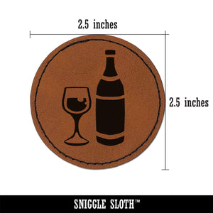 Fancy Wine Bottle and Glass Round Iron-On Engraved Faux Leather Patch Applique - 2.5"