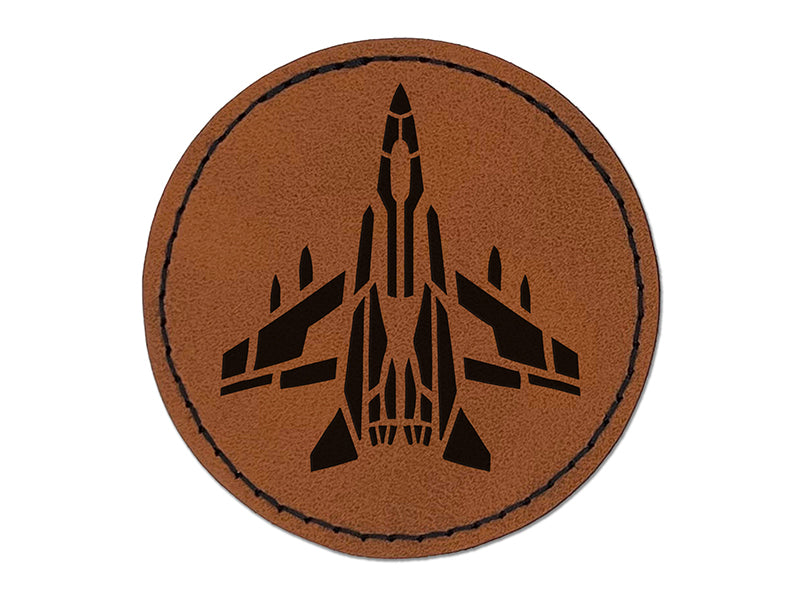 Fighter Jet War Plane Combat Vehicle with Missiles Round Iron-On Engraved Faux Leather Patch Applique - 2.5"
