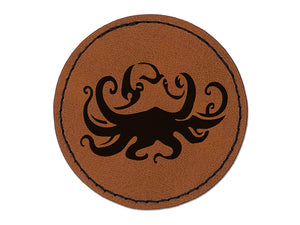 Floating Swimming Octopus with Tentacles Spread Round Iron-On Engraved Faux Leather Patch Applique - 2.5"