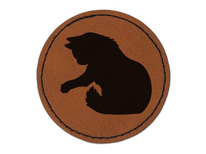 Fluffy Cat Kitten Hitting Something with Paw Claw Round Iron-On Engraved Faux Leather Patch Applique - 2.5"