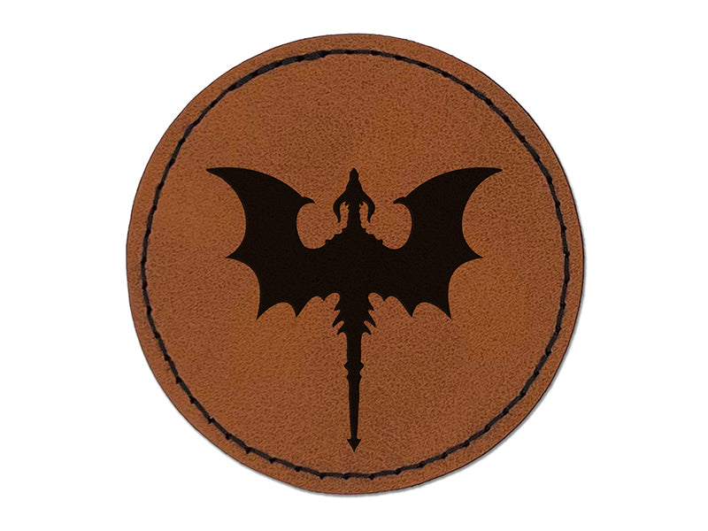 Flying Dragon with Wings Spread Round Iron-On Engraved Faux Leather Patch Applique - 2.5"