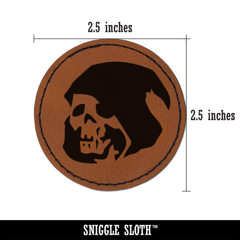Grim Reaper Death Skeleton Hooded Head Halloween Round Iron-On Engraved Faux Leather Patch Applique - 2.5"