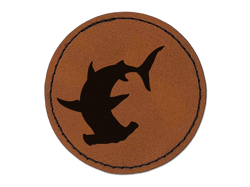 Hammerhead Shark Silhouette Round Iron-On Engraved Faux Leather Patch Applique - 2.5"