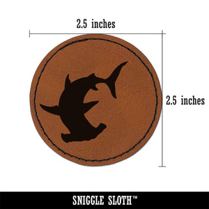 Hammerhead Shark Silhouette Round Iron-On Engraved Faux Leather Patch Applique - 2.5"