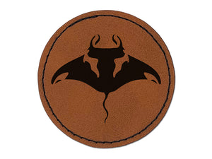 Manta Ray Devilfish Sea Ocean Creature Round Iron-On Engraved Faux Leather Patch Applique - 2.5"