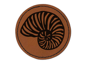 Nautilus Beach Sea Shell Round Iron-On Engraved Faux Leather Patch Applique - 2.5"