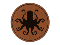 Octopus with Twisting Tentacle Arms Round Iron-On Engraved Faux Leather Patch Applique - 2.5"