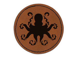 Octopus with Twisting Tentacle Arms Round Iron-On Engraved Faux Leather Patch Applique - 2.5"