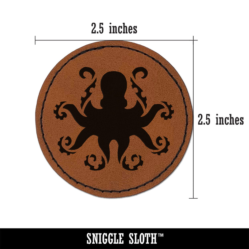 Octopus with Twisting Tentacle Arms Round Iron-On Engraved Faux Leather Patch Applique - 2.5"