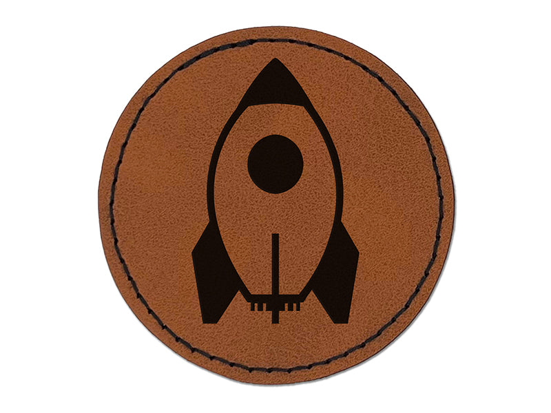 Rocket Space Ship Round Iron-On Engraved Faux Leather Patch Applique - 2.5"