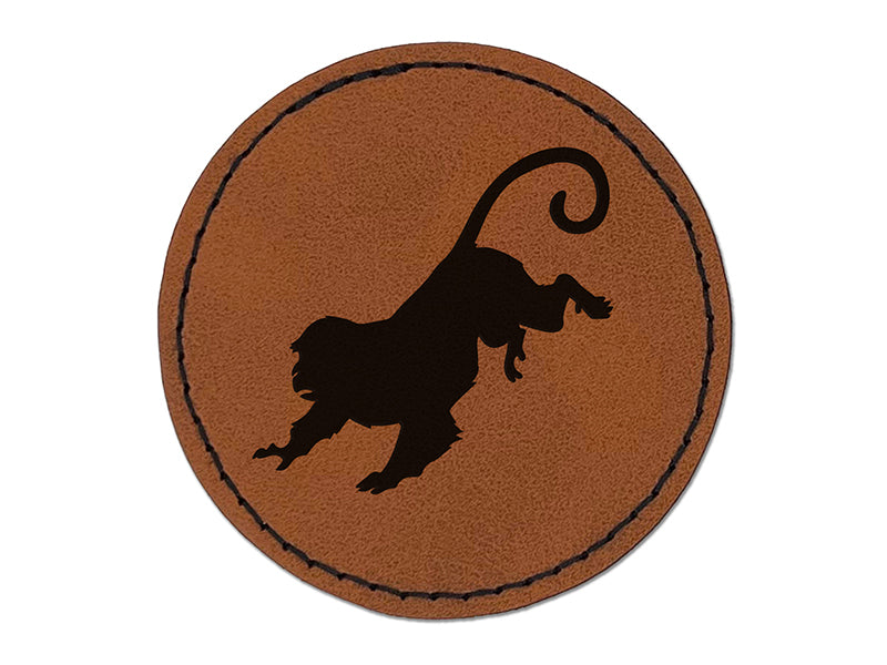 Running Monkey with Long Tail Round Iron-On Engraved Faux Leather Patch Applique - 2.5"