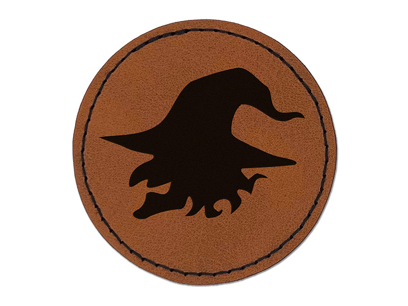 Smiling Evil Witch Head with Hat Halloween Round Iron-On Engraved Faux Leather Patch Applique - 2.5"