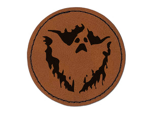 Spooky Ghost Creepy Halloween Spirit Round Iron-On Engraved Faux Leather Patch Applique - 2.5"