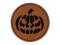 Spooky Halloween Jack o Lantern Pumpkin Round Iron-On Engraved Faux Leather Patch Applique - 2.5"