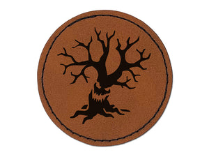 Spooky Scary Tree Monster Halloween Round Iron-On Engraved Faux Leather Patch Applique - 2.5"