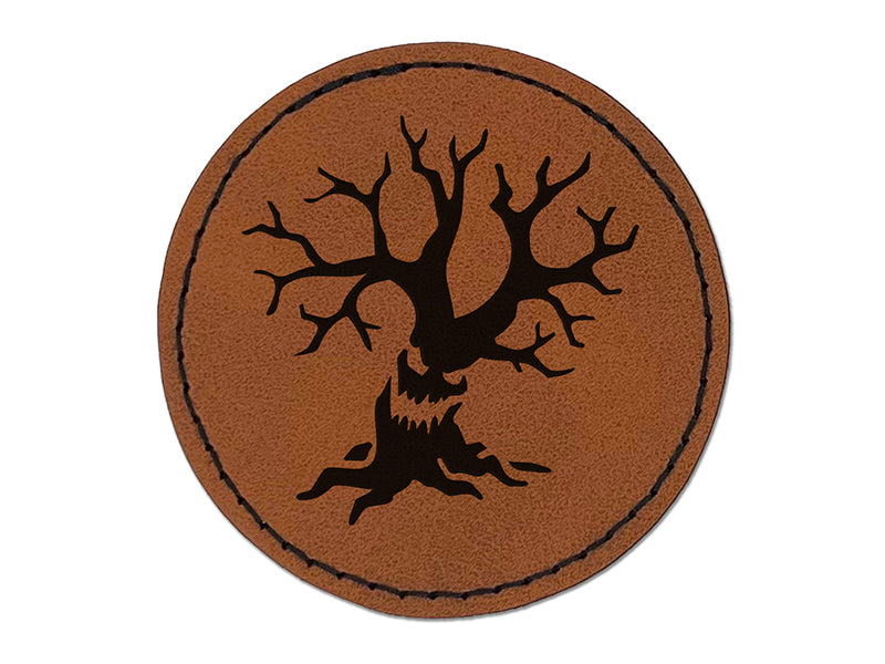 Spooky Scary Tree Monster Halloween Round Iron-On Engraved Faux Leather Patch Applique - 2.5"